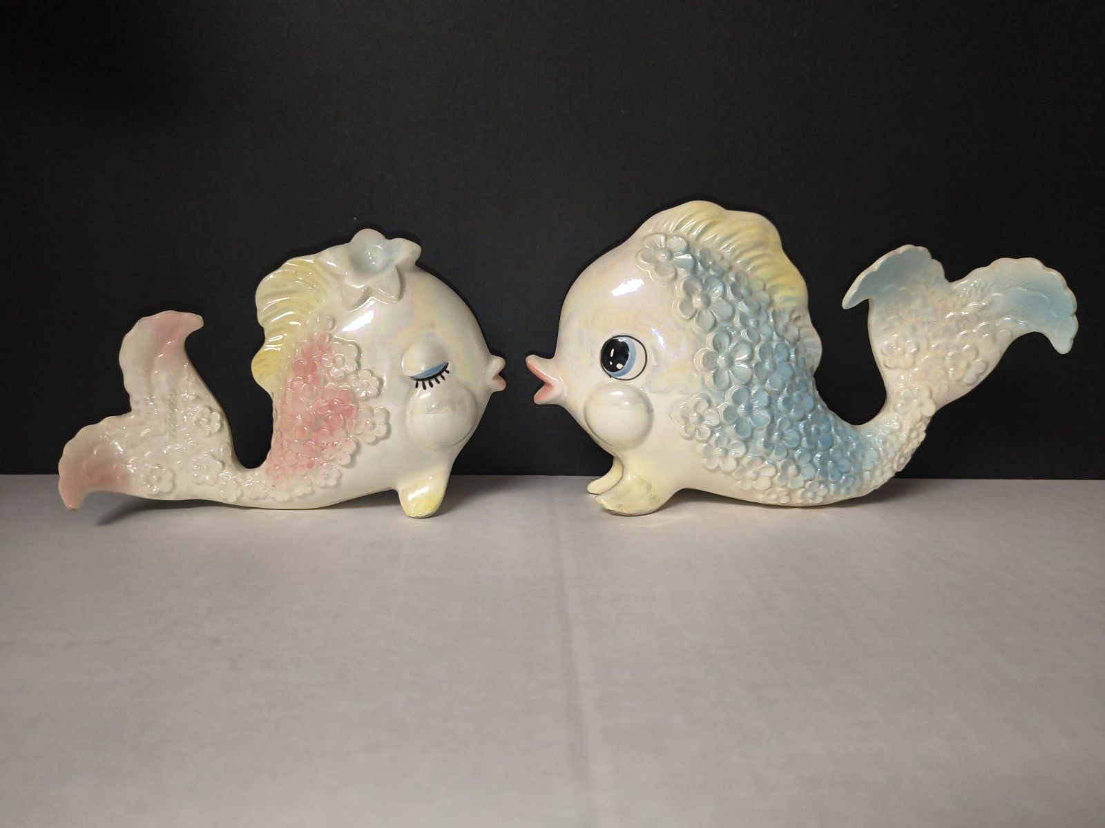 Vintage Norcrest Kissing Fish Ceramic Wall Plaques Pink Blue MCM Retro Decor 