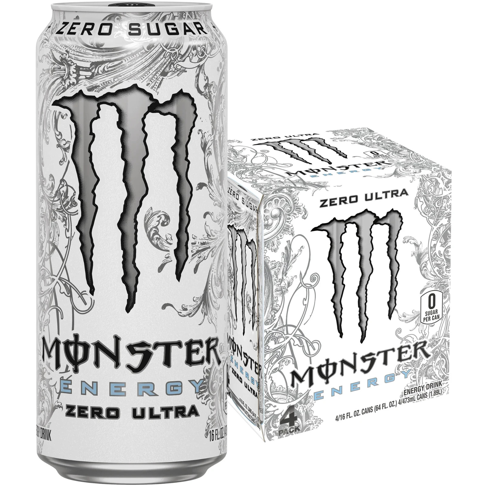New Monster Energy, Zero Ultra, Sugar Free Energy Drink, 4 Pack - 16 Fl Oz