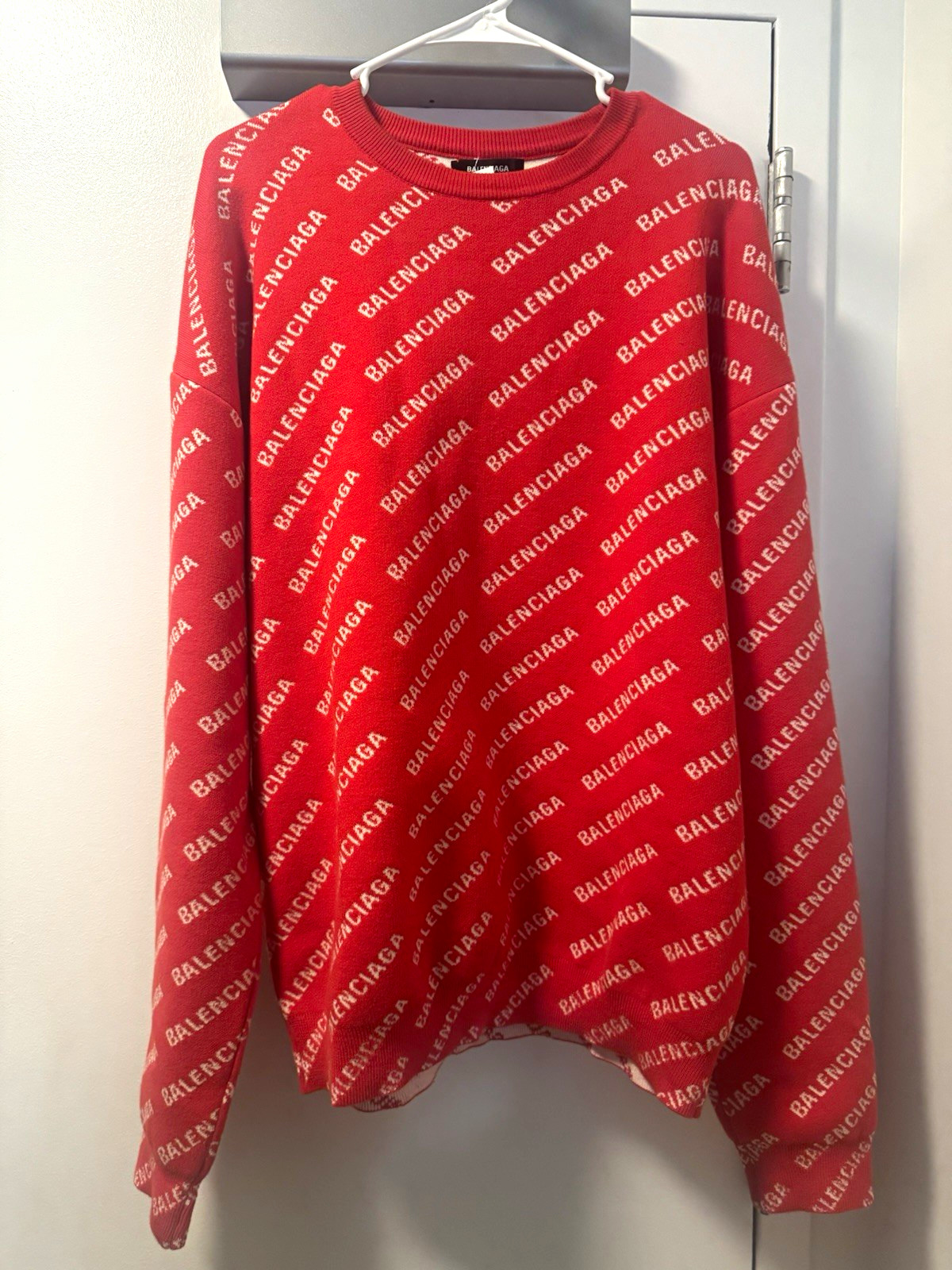 Balenciaga Men\'s S Red/White Logo Knit Wool Crewneck Pullover Sweater Italy