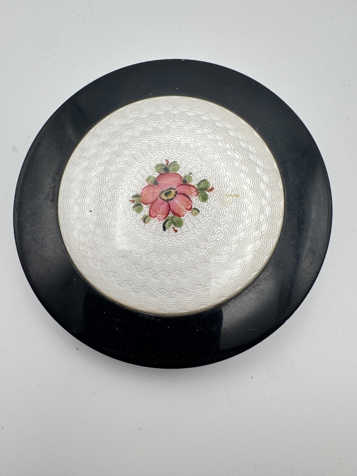 Vintage Guilloche Compact Enamel Pink Rose Black Convertible Stratton England