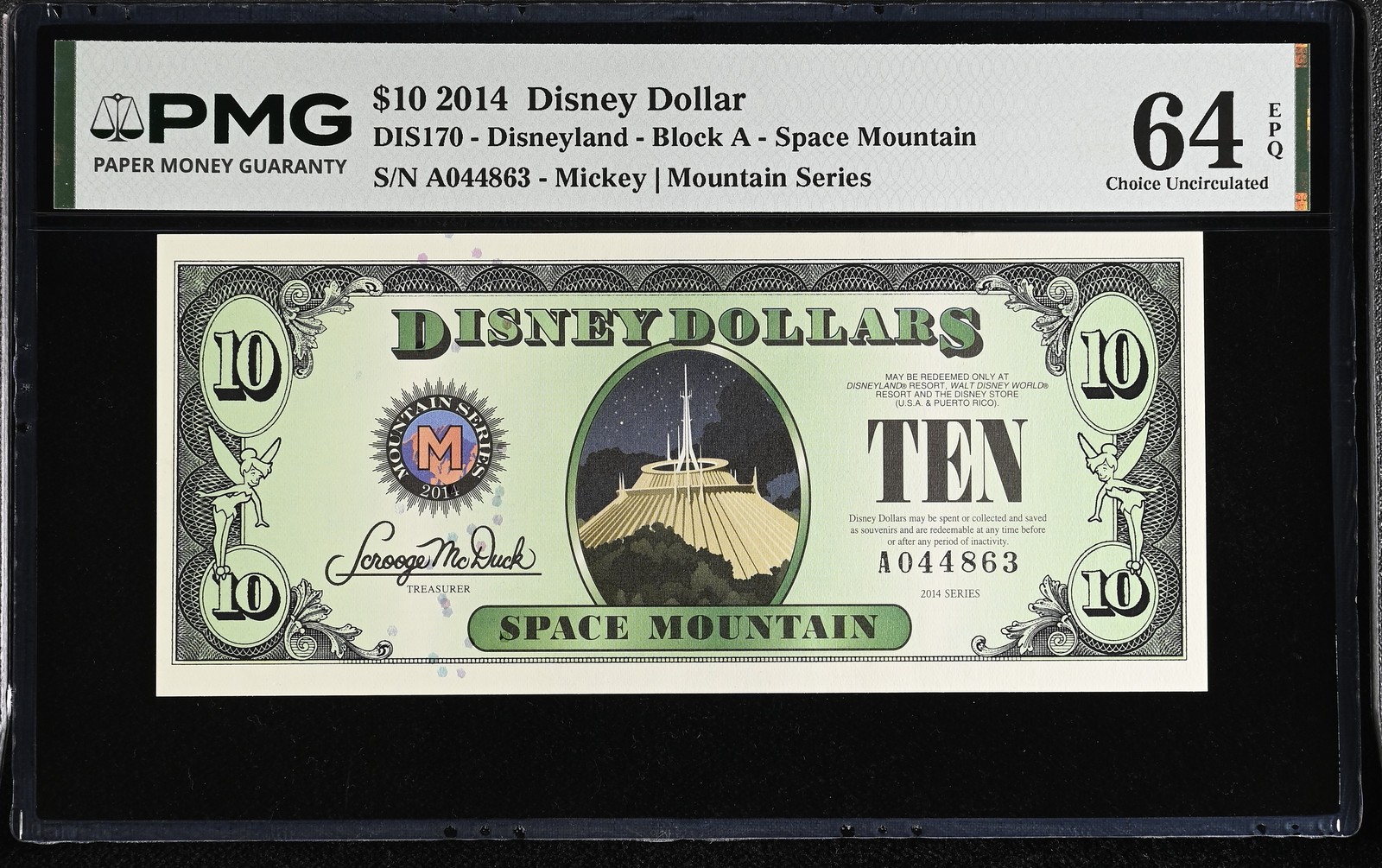 2014 Space Mountain $10 Disney Dollar - PMG 64 Choice Unc.