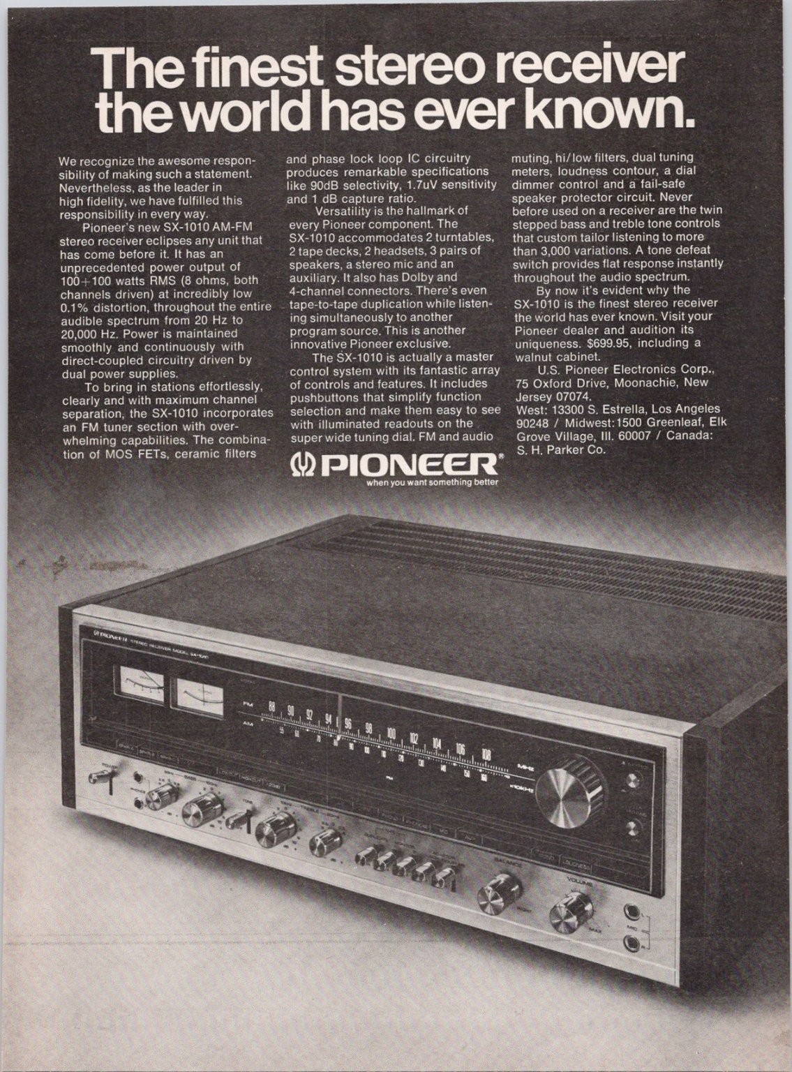 Pioneer SX-1010 Stereo Receiver Vintage Magazine Print Ad 1974