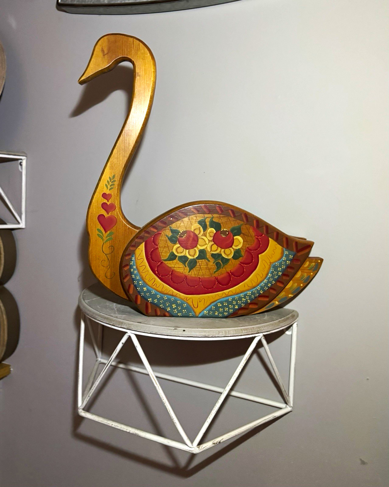 Vintage Hand Painted Wooden Swan Decor Folk Art Floral Scandinavian Style