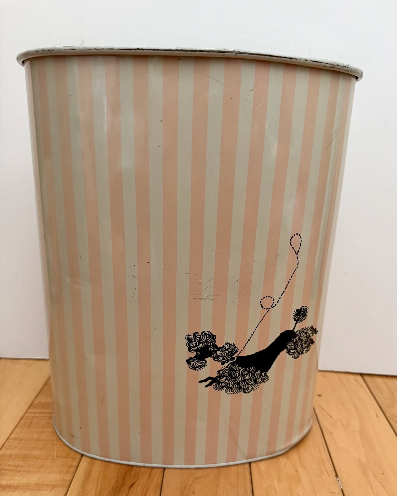 Vintage Harvell Striped Metal Poodle Dog Trash Can Wastebasket AS IS 50s 60s