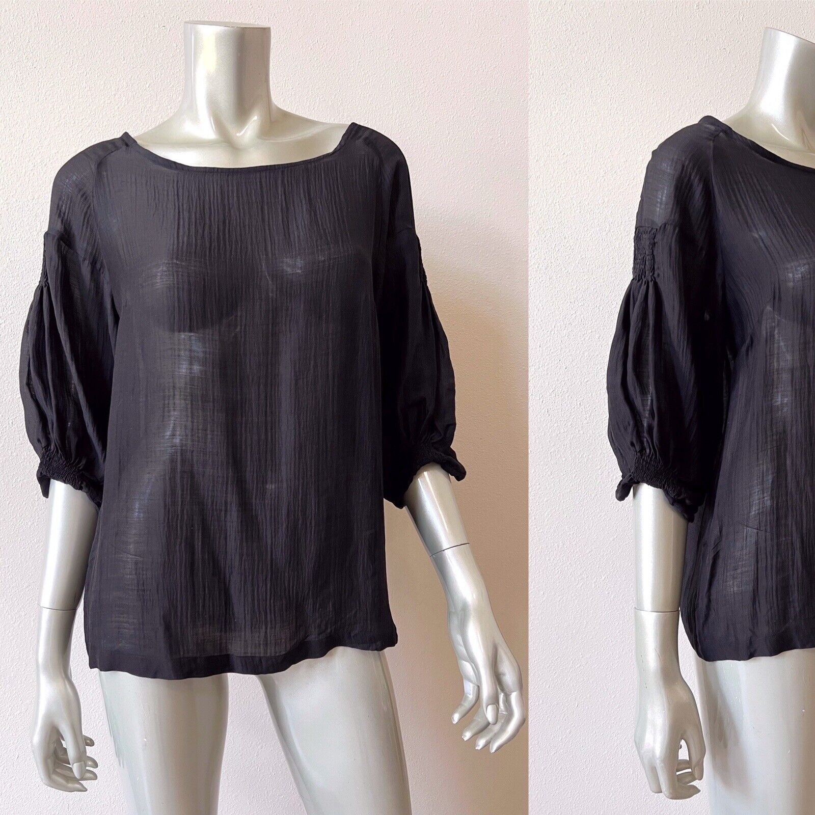 Dries Van Noten Sheer Blouse Top 44 XL Black Silk Wool Blend Ruched Sleeves