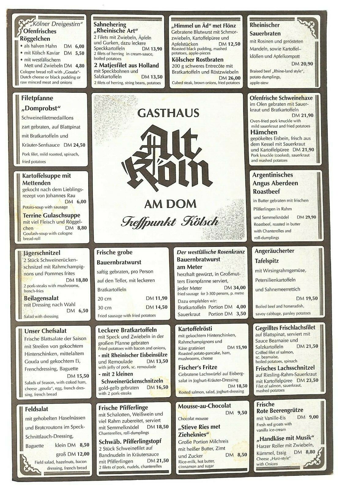 Gasthaus Alt Köln Am Dom Treffpunkt Kölsch Restaurant Menu 1996 Single Sheet