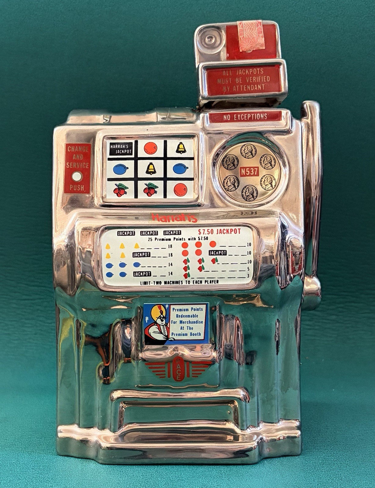 Vtg Harrah's Casino and Hotel Slot Machine Decanter, Gambling Premium Souvenir