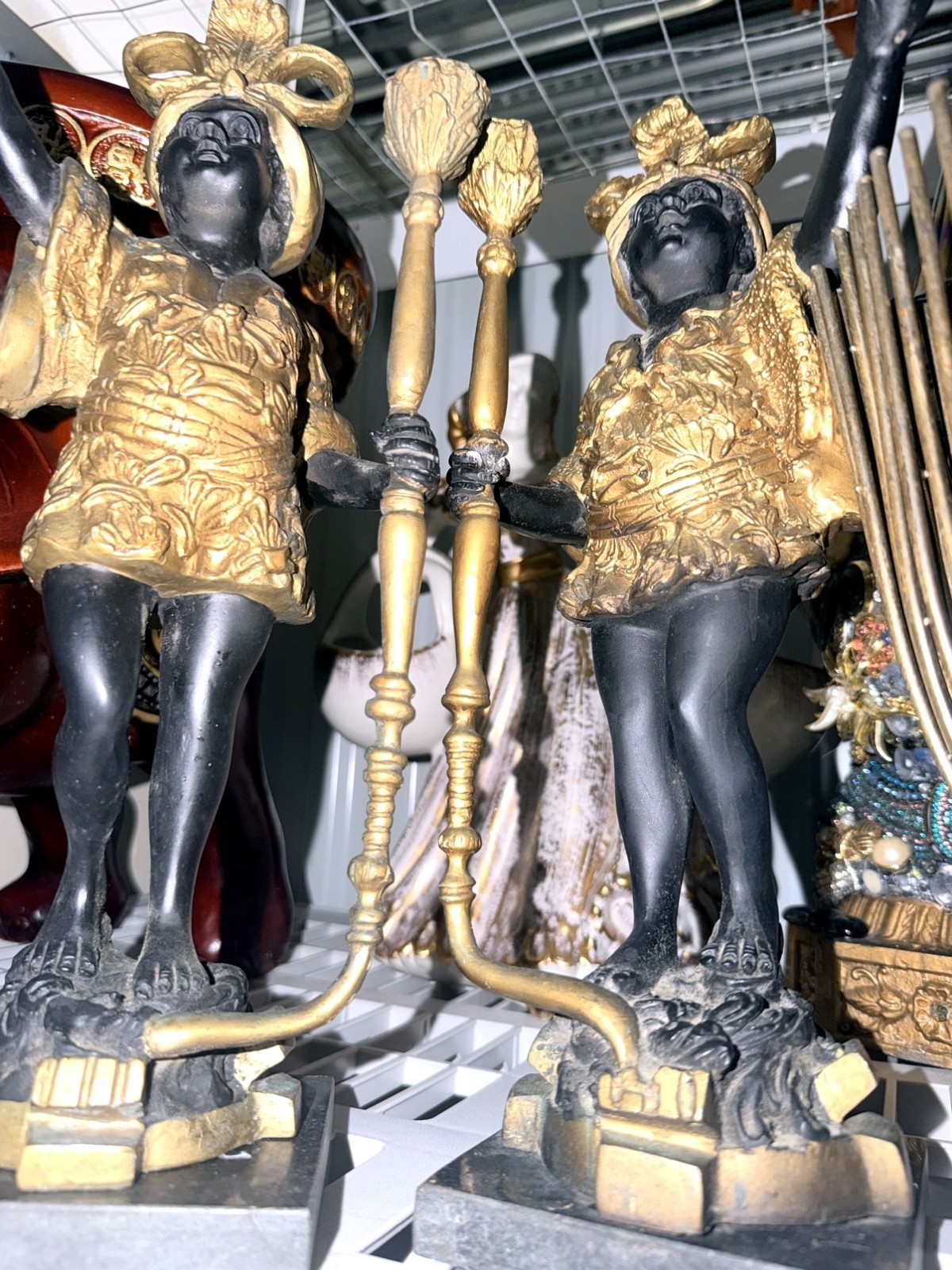 Vintage Blackamoor Style Pair Figures Gold Robes Torch Candle Holders