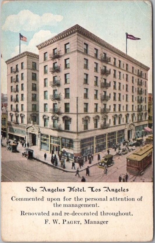c1910s Los Angeles, California Postcard THE ANGELUS HOTEL Street View / Unused