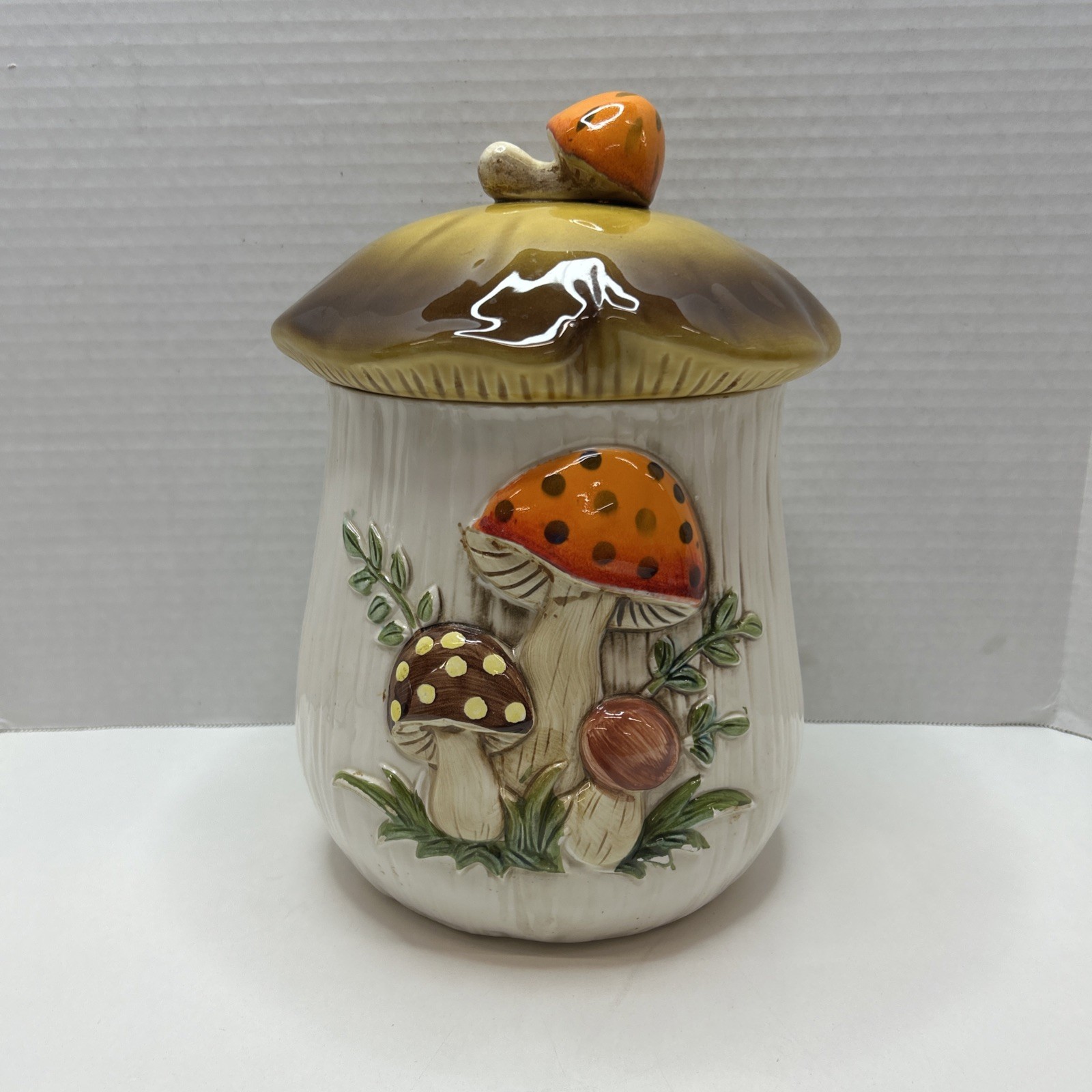Vtg Merry Mushroom Sears Roebuck Canister 11” Large 70s Flour Cookie Jar CHIPPED