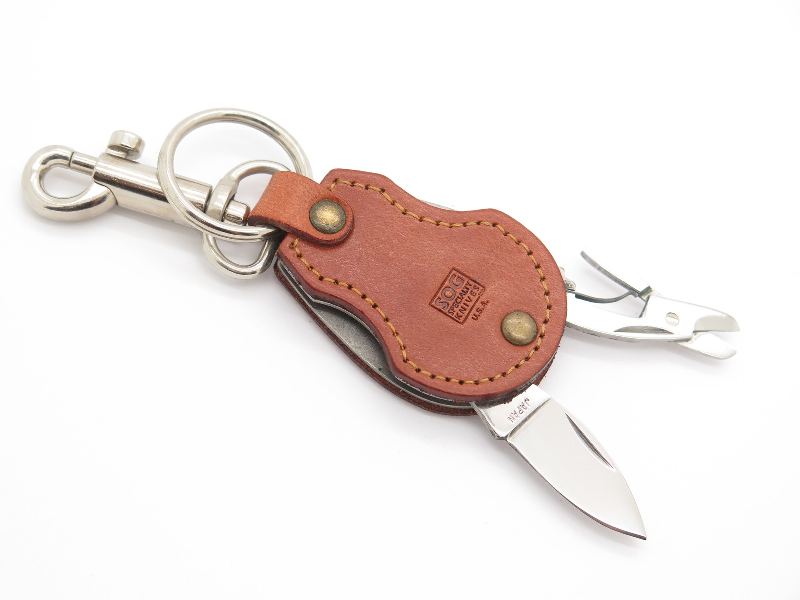 Vtg SOG Specialty Attache Tan Leather Seki Japan Folding Pocket Knife Ketchain Vtg SOG Specialty Attache Tan Leather Seki Japan Folding Pocket Knife Ketchain