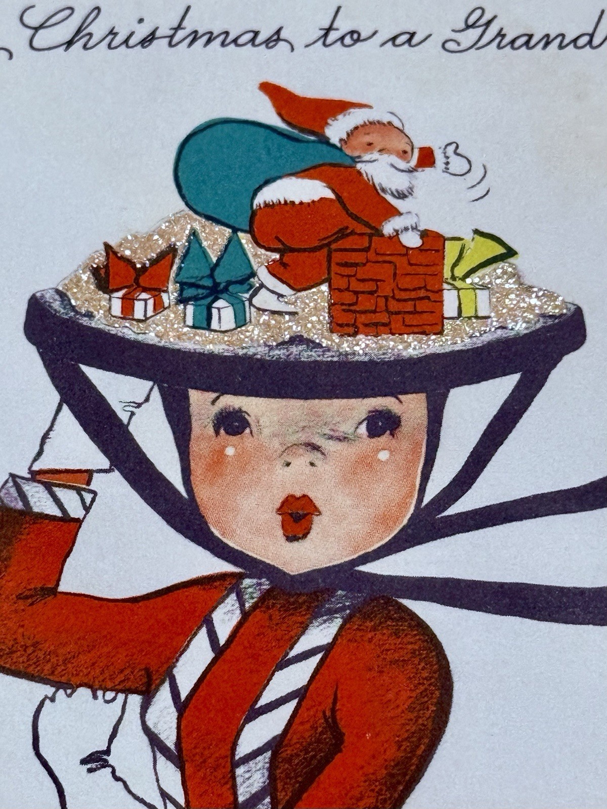 2 Vtg Buzza Cardozo Christmas Cards Glitter-  Santa Hat - So Cute 