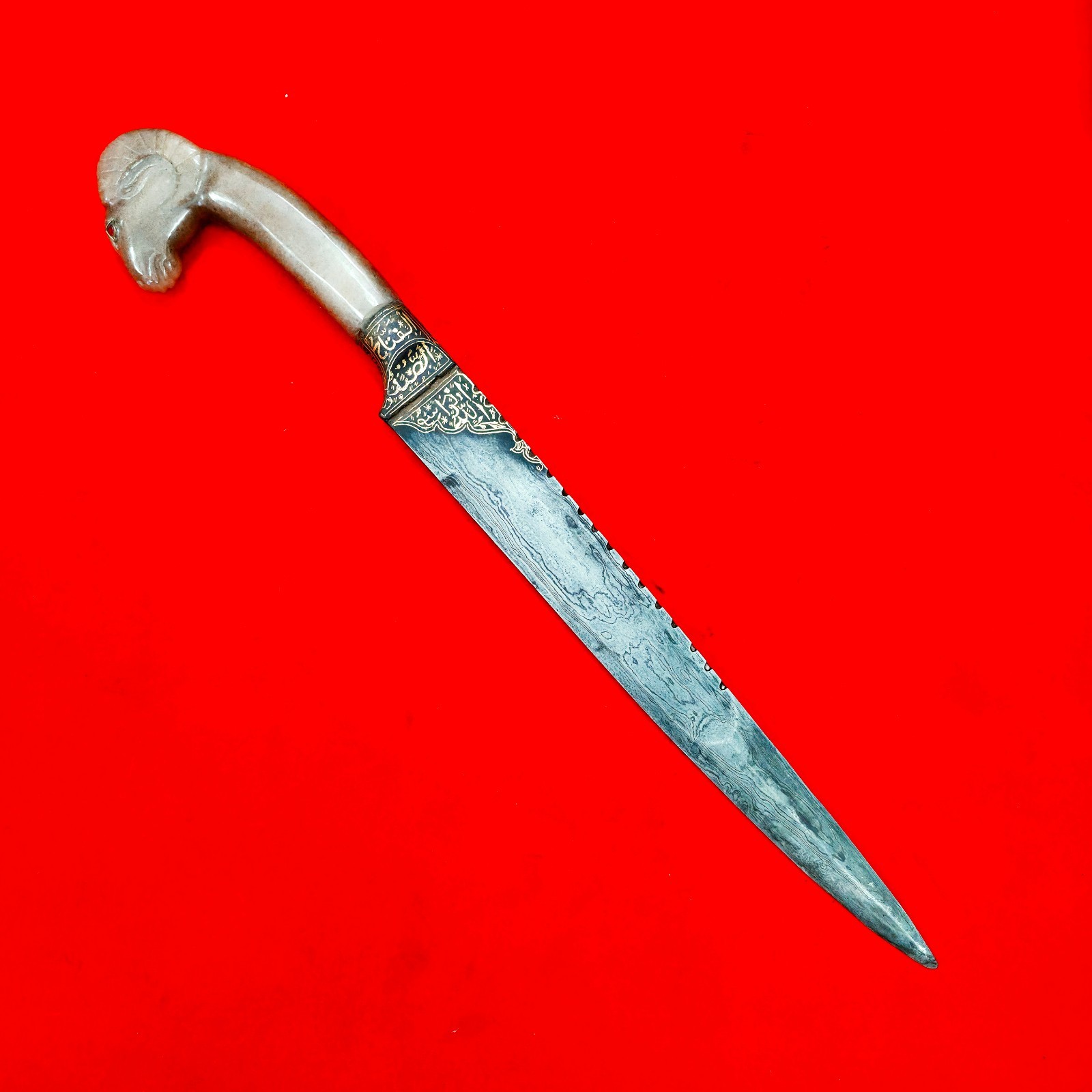 Vintage Indo-Persian Mughal Islamic Jade Gold Koftgari Damascus Ram Kard Knife