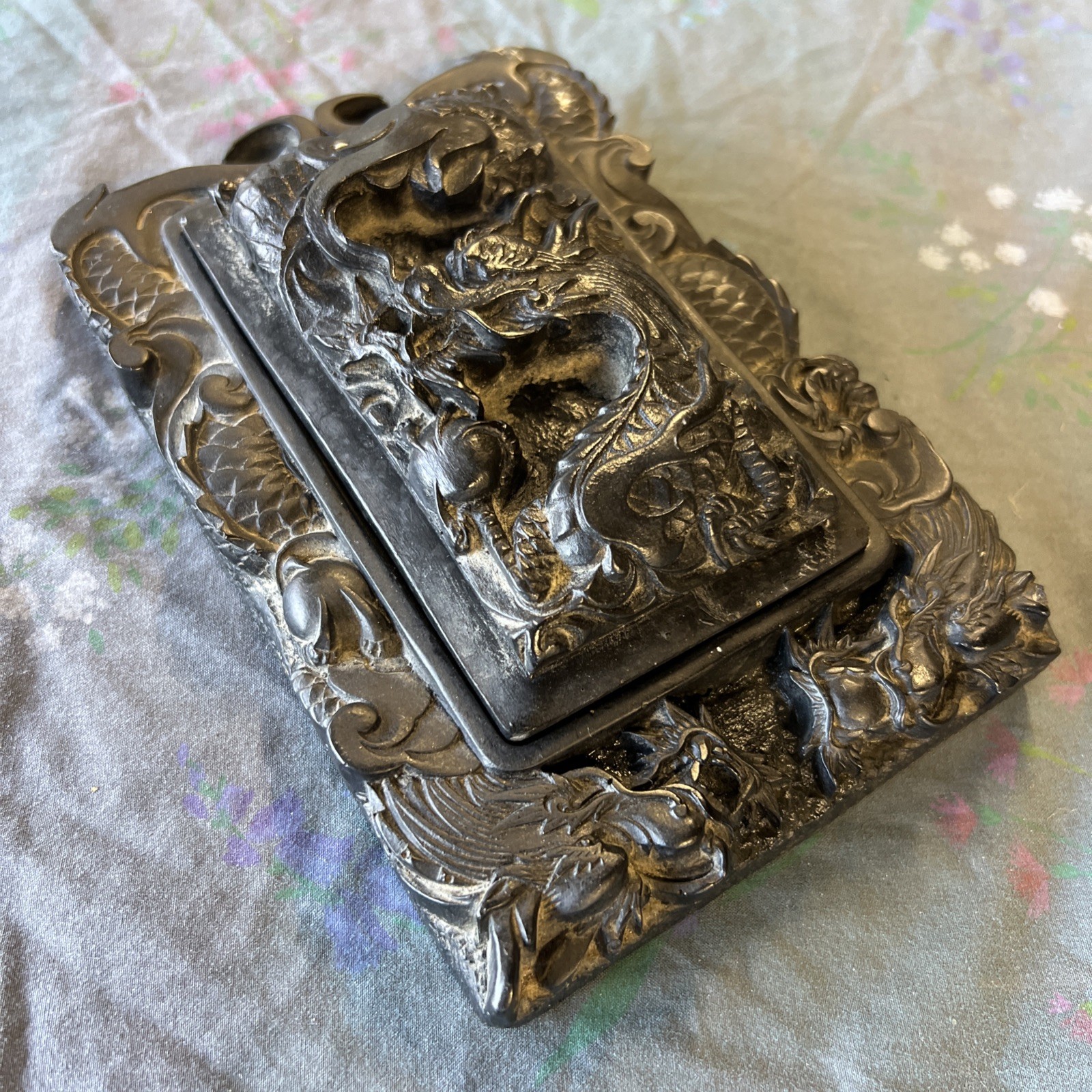Vintage Chinese Calligraphy Inkstone Lidded Carved Dragon Heavy Black Stone 7x4.