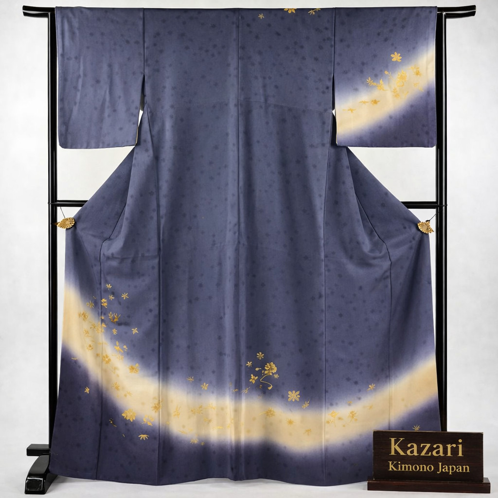 Vintage Japanese Silk Kimono Robe – Gray Purple Treasure Motifs Gold