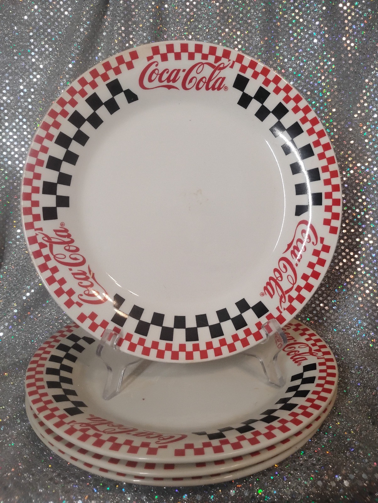 Set Of 4 Gibson Retro  Coca-Cola Black/Red Checkered 10 1/2