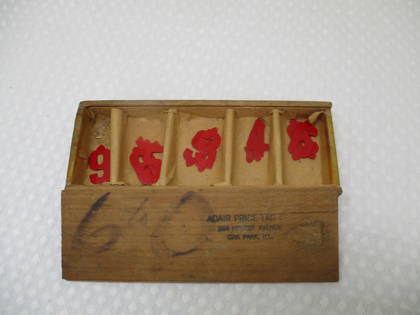 Vintage 1950\'s? Wooden Box w/12 Red Plastic Price Tags from Adair Price Tag Co.