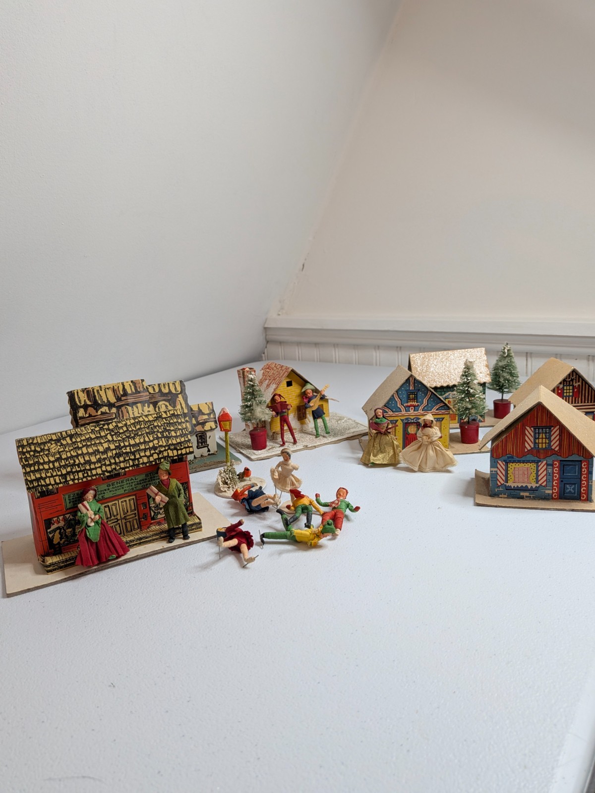 Vintage Huge Lot Of 20+ Christmas Cardboard Houses Trees & Figures Colmor Putz