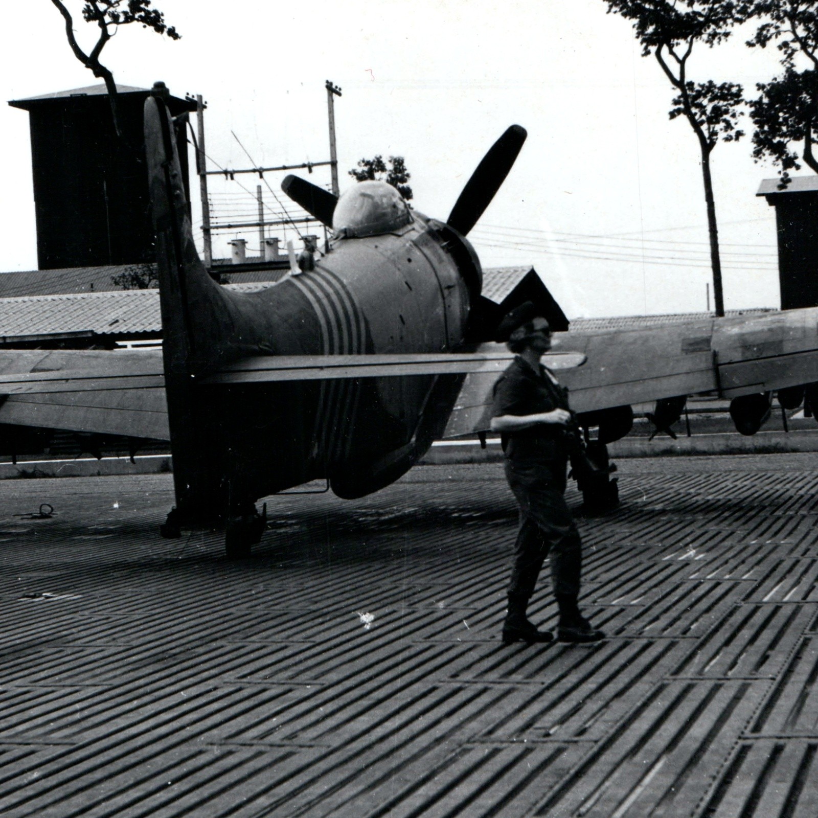 c1940s WWII Fighter Plane Photo Pierced Steel PSP Runway Woman Uniform Vintage