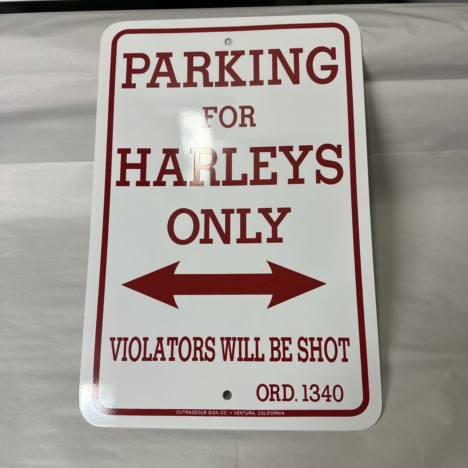 VINTAGE HARLEY PARKING ENAMEL MOTORCYCLE AD SIGN 12 x 18 HEAVY METAL