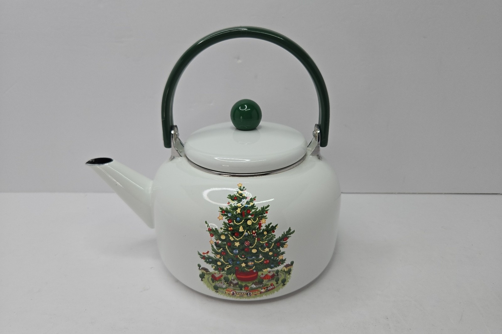 Vintage Christmas Tree Enamel Teapot Tea Kettle Handle Cute Holiday Decor