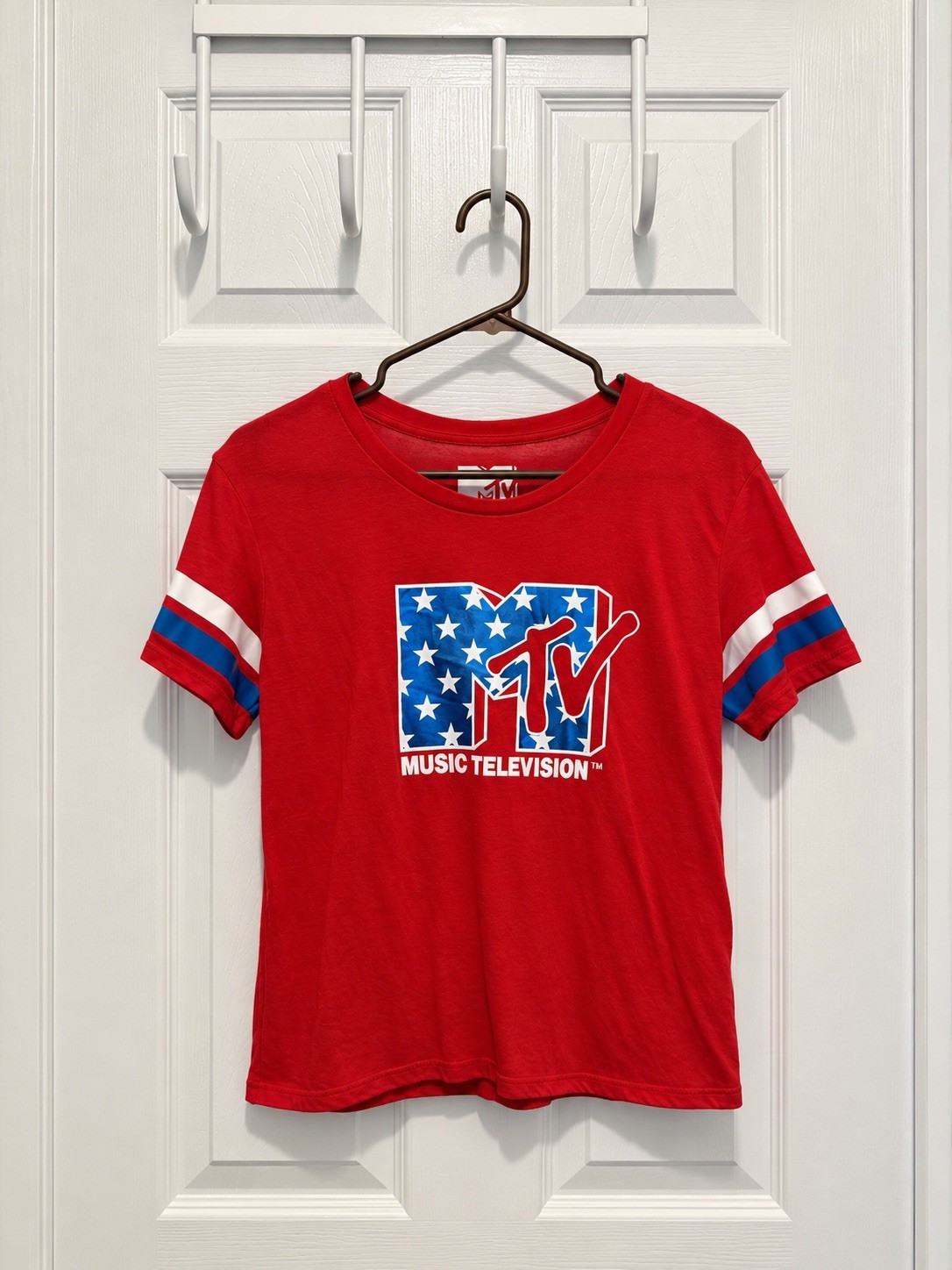 MTV Music Television Red Graphic T-Shirt USA Stars Stripes Retro Tee