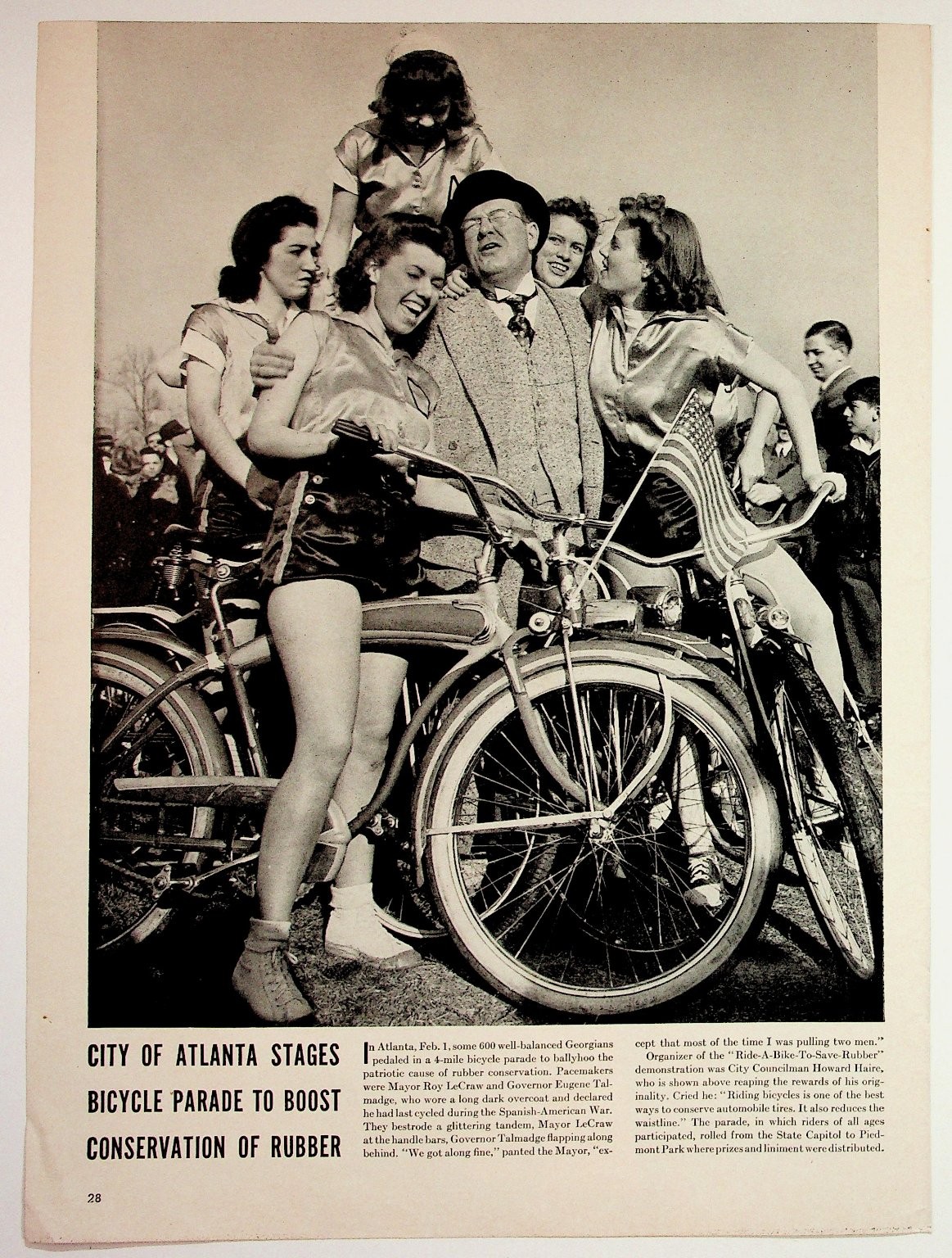 1940s Atlanta Bicycle Parade Photo Magazine Page Rubber Conservation WWII Era