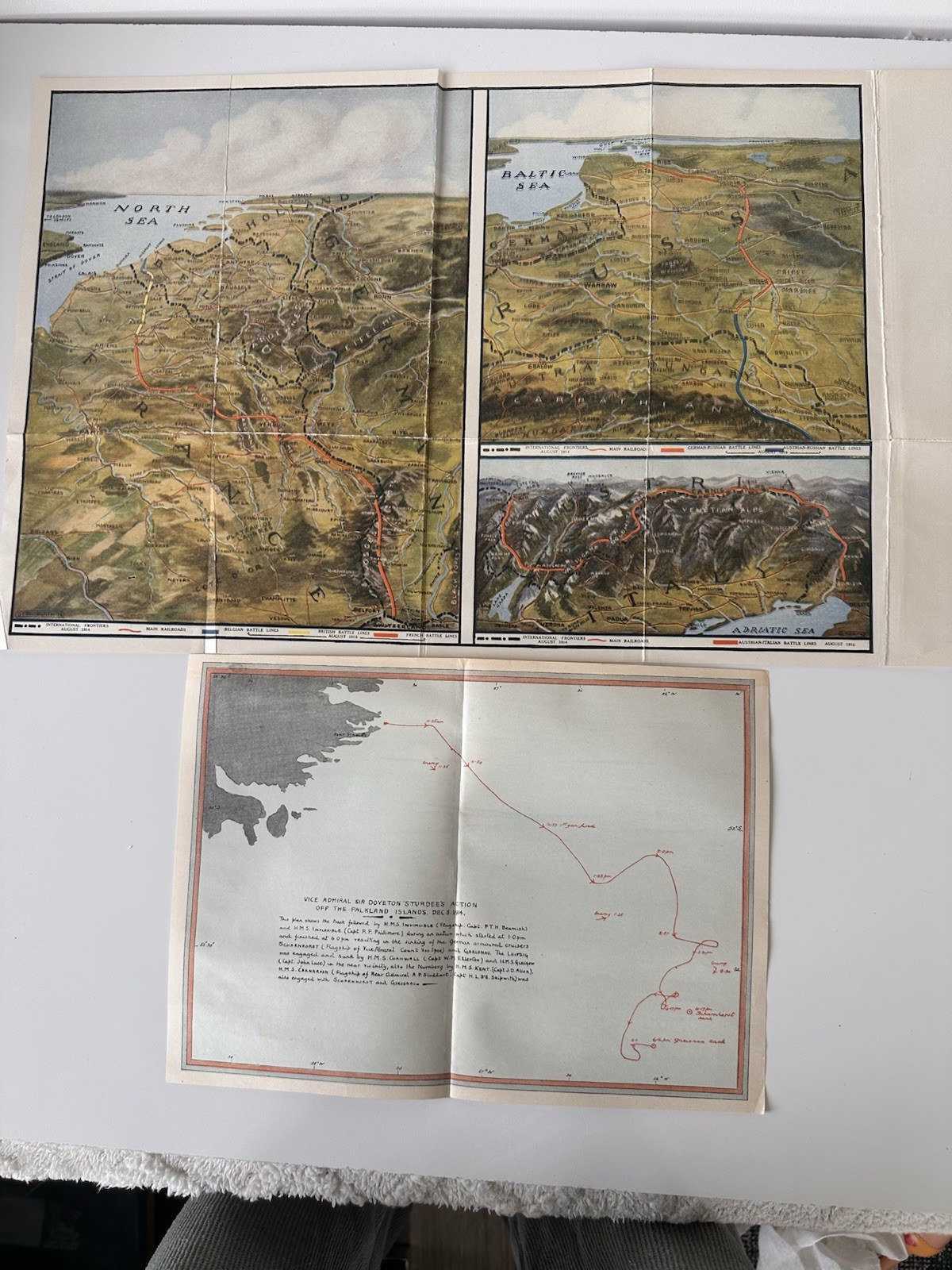 Original WWI 1916 Europe Battle Front Maps + 1914 Falkland Naval Map Fold Out