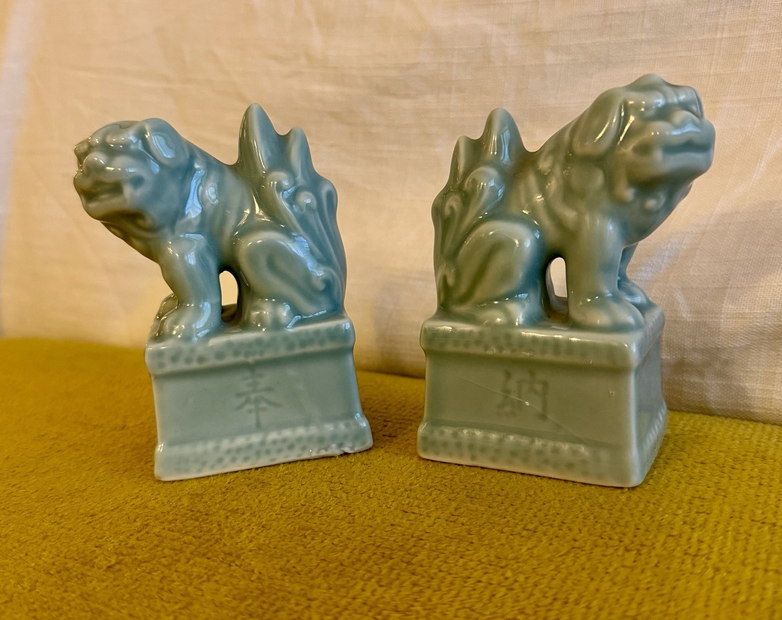Vintage Celadon Foo Dogs Pair Chinese Guardian Lions Chinoiserie Ceramic