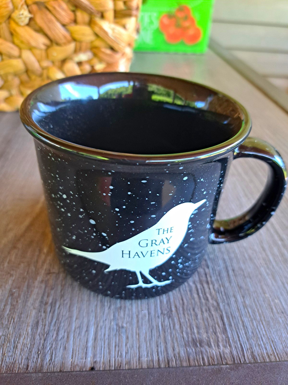 The Gray Havens Black Speckled Advertising Mug Cup w/ Bird Logo