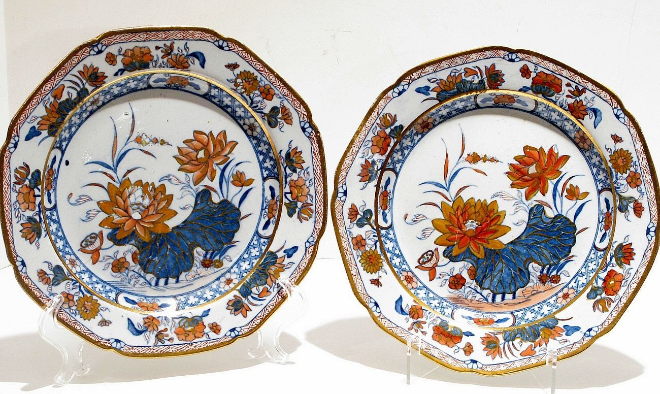 Pair Antique English Pearlware Imari Plates c1820 Possibly Spode Cobalt Gilt