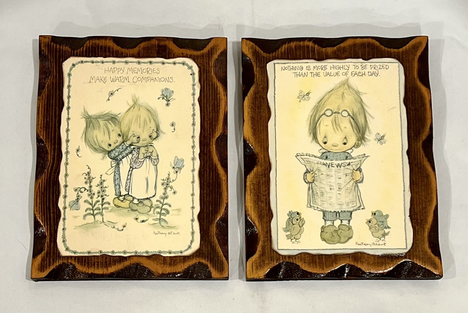 Vintage 1970s Hallmark Betsey Clark Wood Wall Plaques Set Of 2 Whimsical Decor