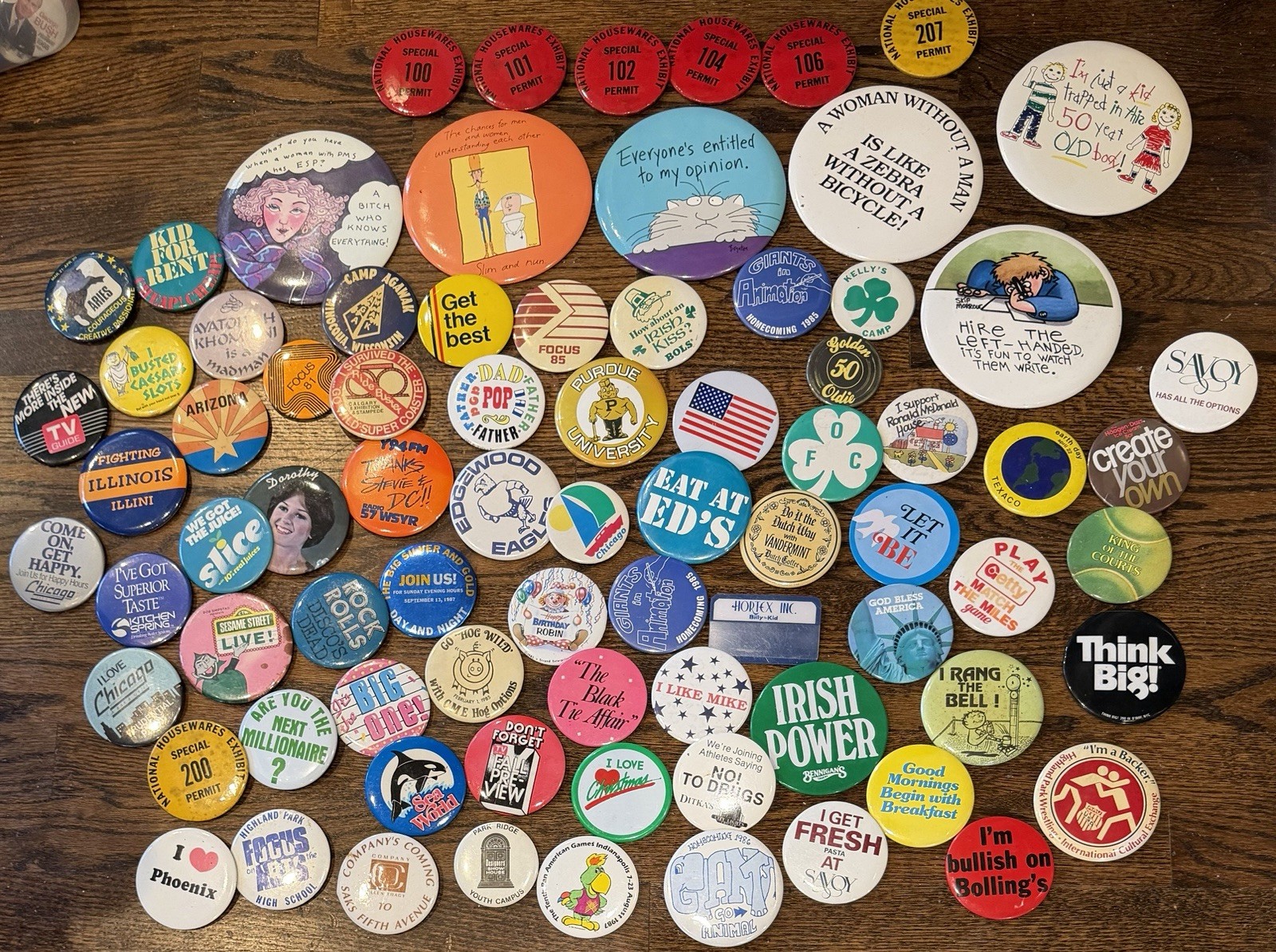 79 Vintage Large Size Pins PInbacks Humor Advertising 70\'s-90\'s