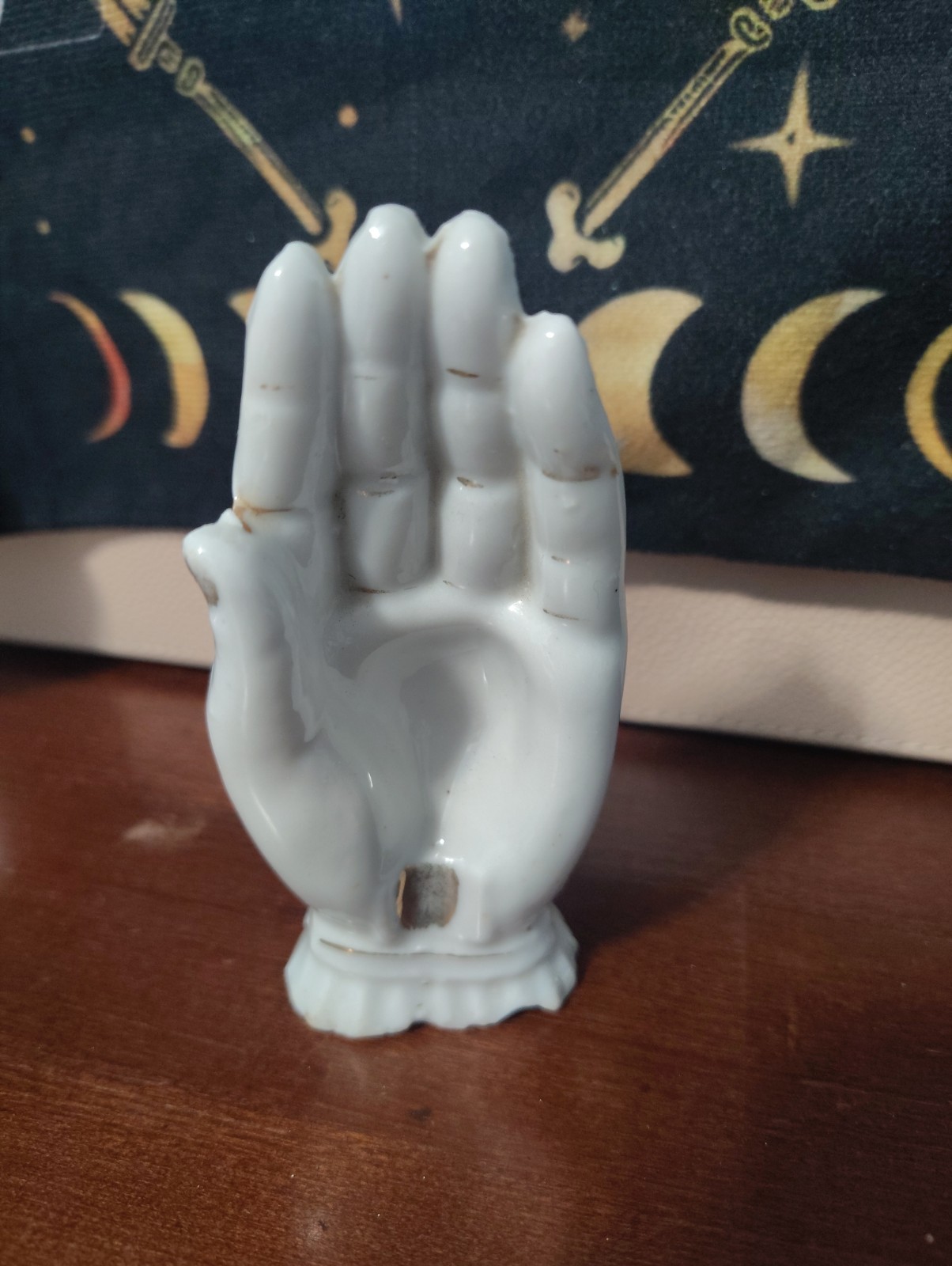 Vintage Made in Japan Porcelain Hand Ring Holder 4” Gold Accent MCM Vanity