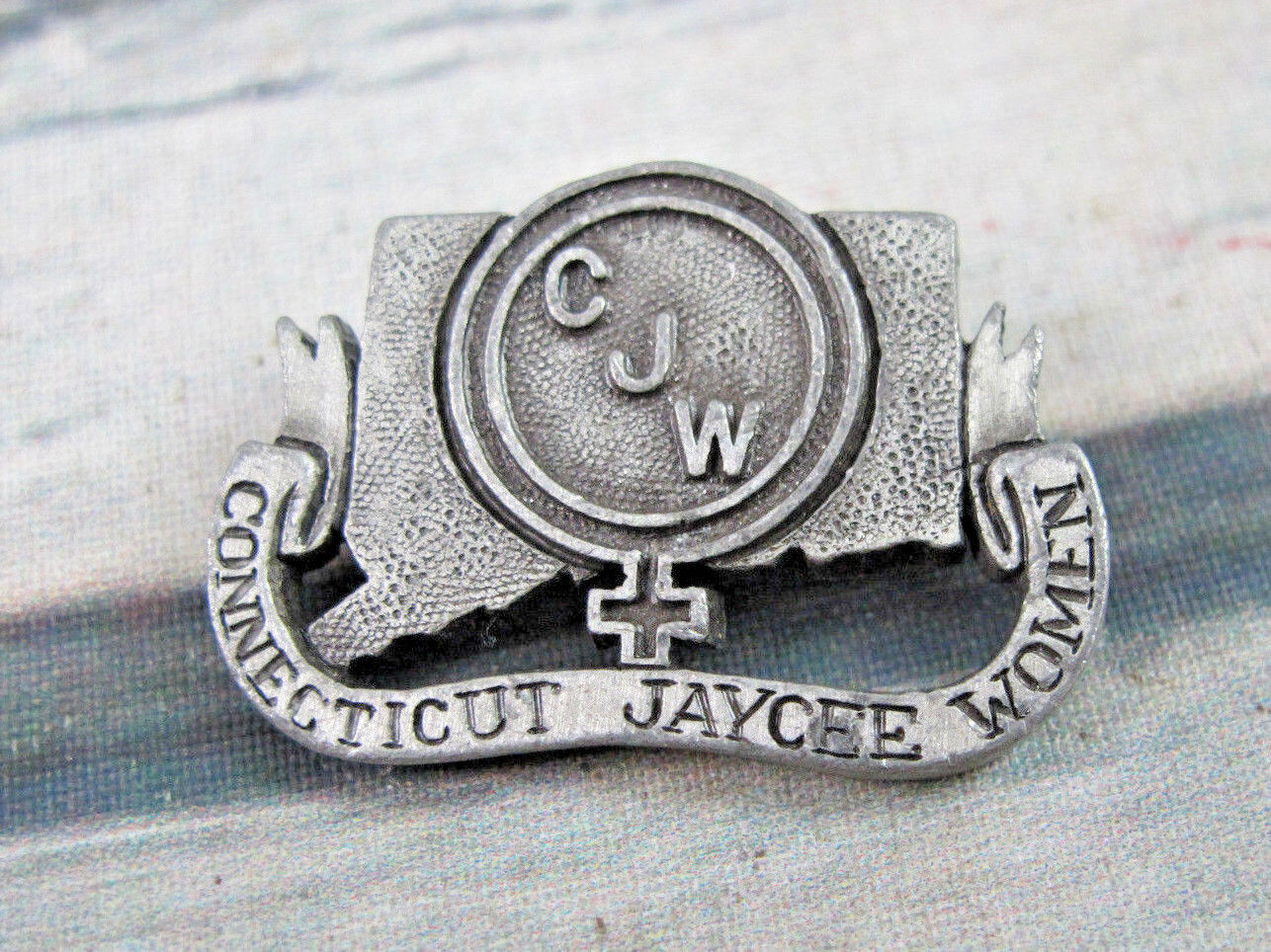 Connecticut Jaycees 1979 Vintage Pewter CJW Women Ribbon Metal Lapel Pin