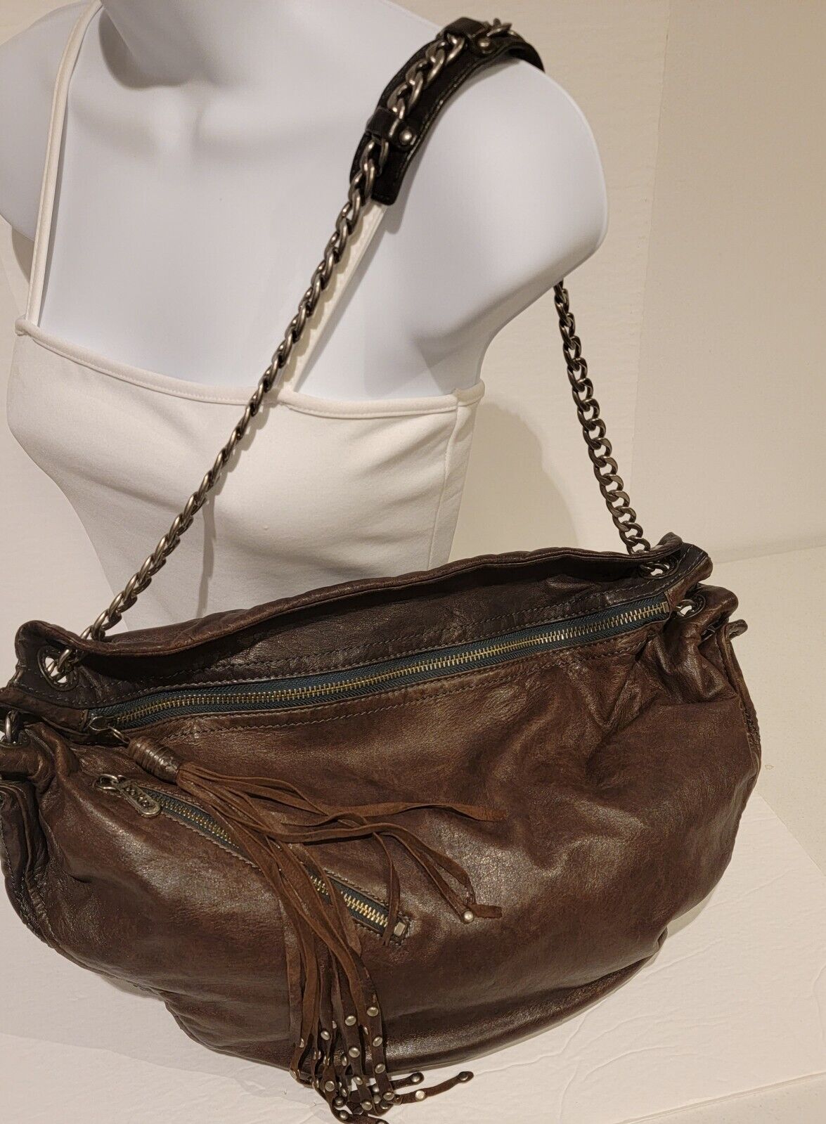 Botkier Brown Leather Hobo Shoulder Bag Large Purse Studded Tassel