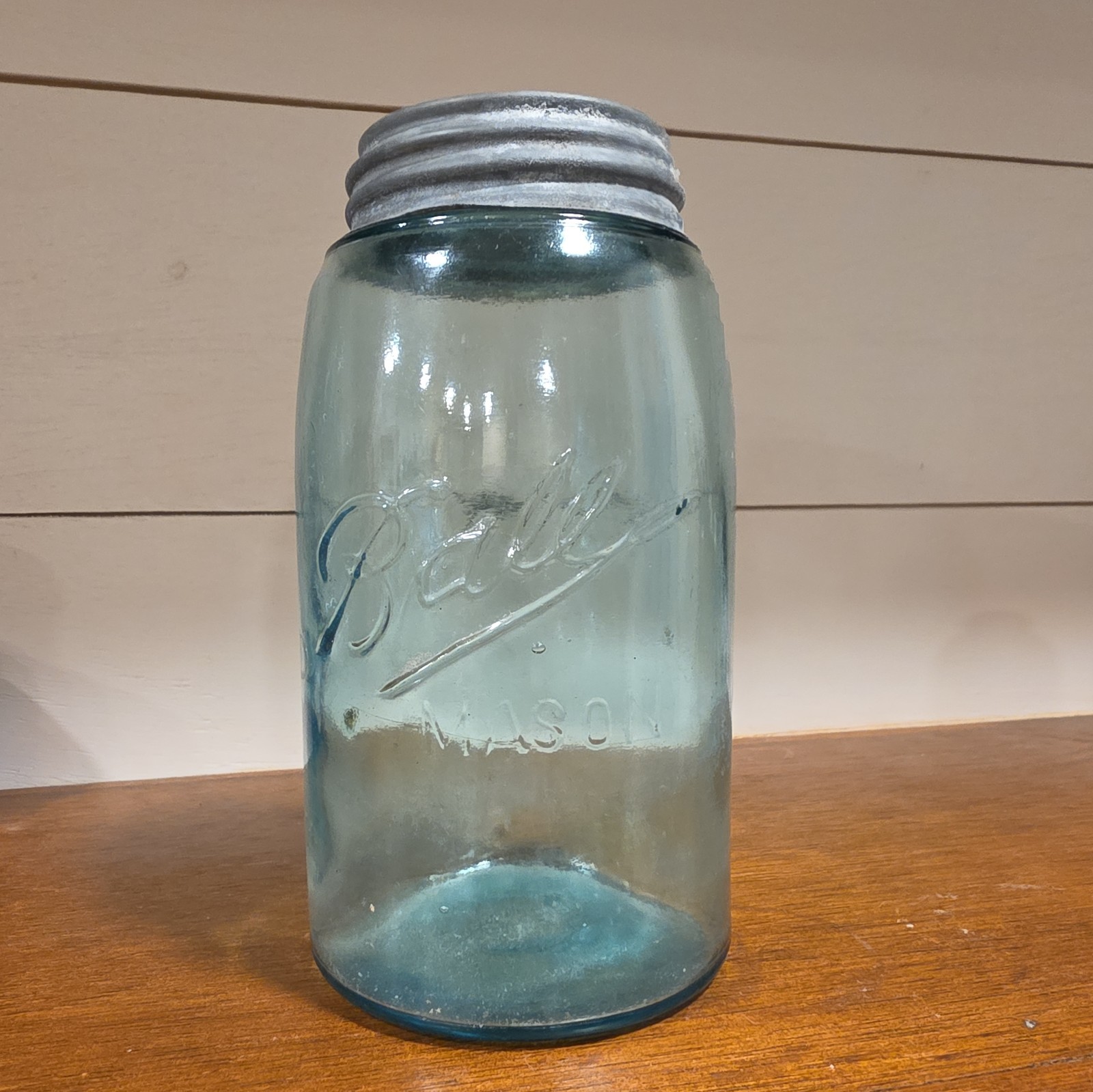 Vtg 1900 Ball Mason Jar Triple L Aqua Blue Mold 1 LARGE Bubble Zinc Lid PRISTINE