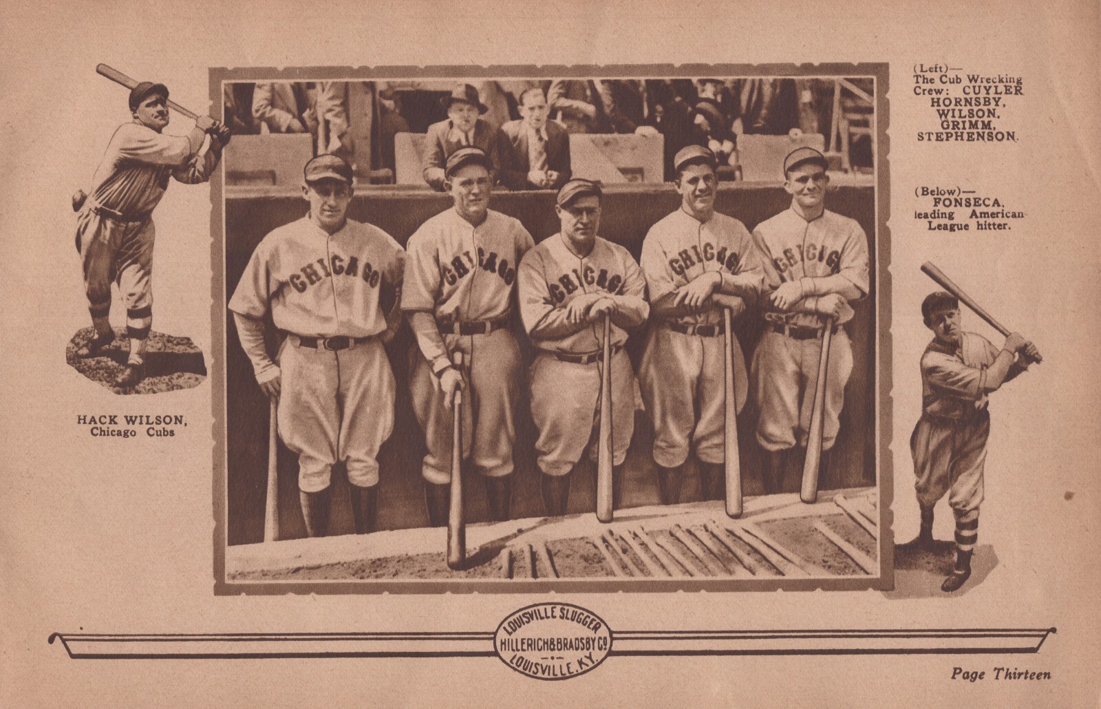 1929 Chicago Cubs Hack Wilson Kiki Cuyler Rogers Hornsby Louisville Slugger Page