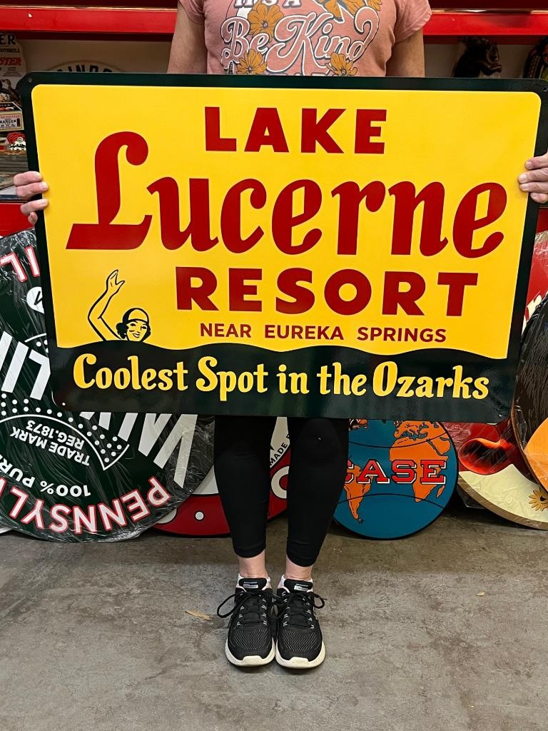 Vintage Style Metal Sign 2 Sided Lake Lucerne NOT Porcelain 34x24 Made USA
