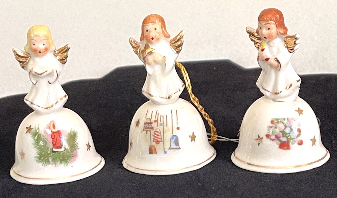 Vtg 3 Japan Porcelain Hand Painted Christmas Angel Choir Bell Ornaments 1950’s