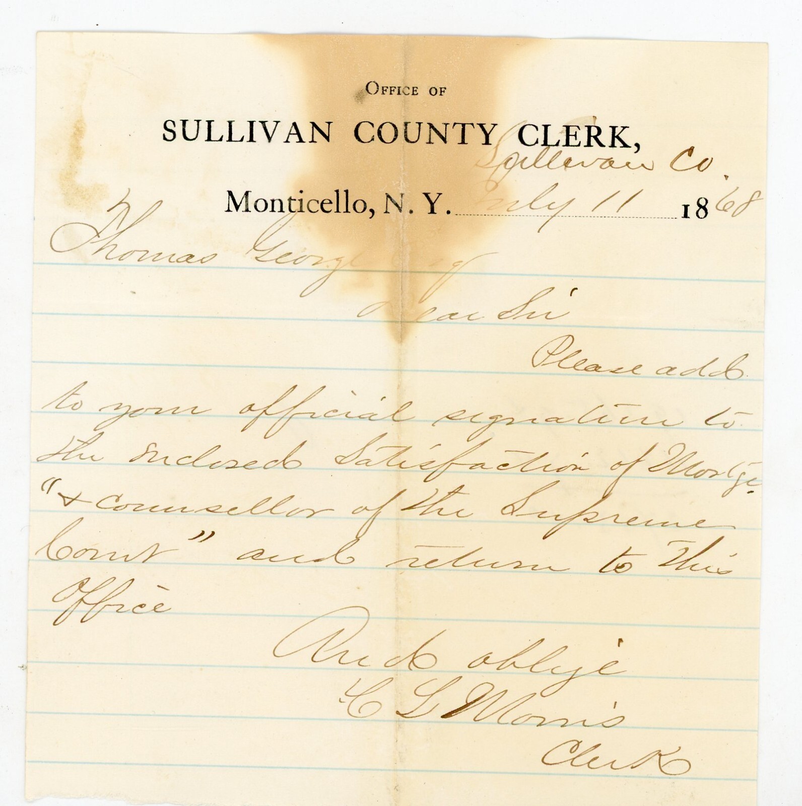 1868 Sullivan Co NY Clerk Letter  Supreme Court Signature Request CG Morris