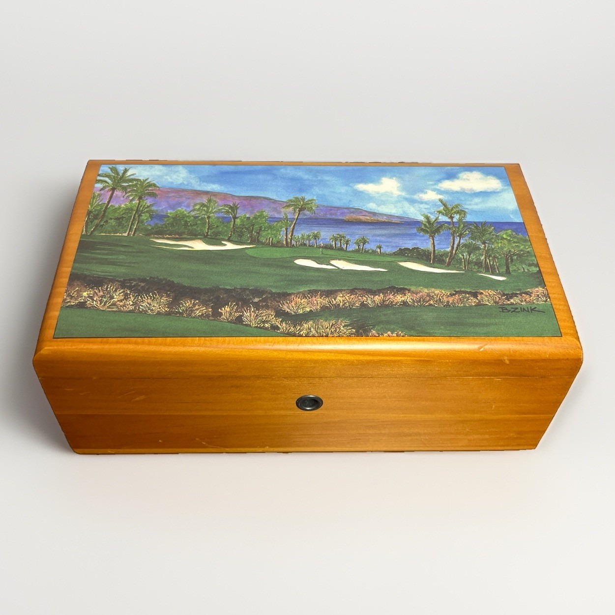 Vintage Lane Cedar Box 9x5 In W/ Key & Working Lock Golf Themed Decor B. Zink 97
