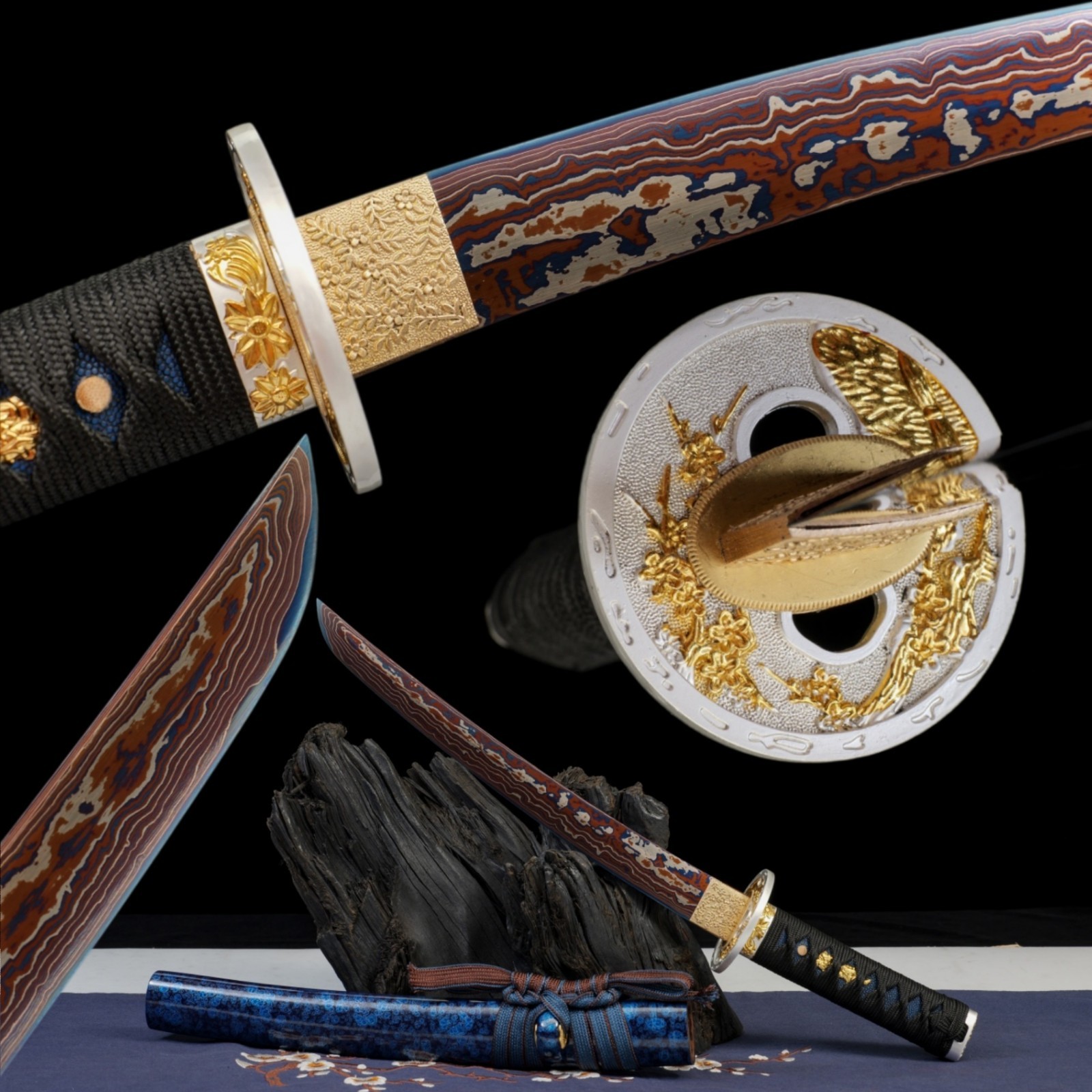 Handmade Japanese Tanto Damascus Blue Blade Meteorite Full Tang