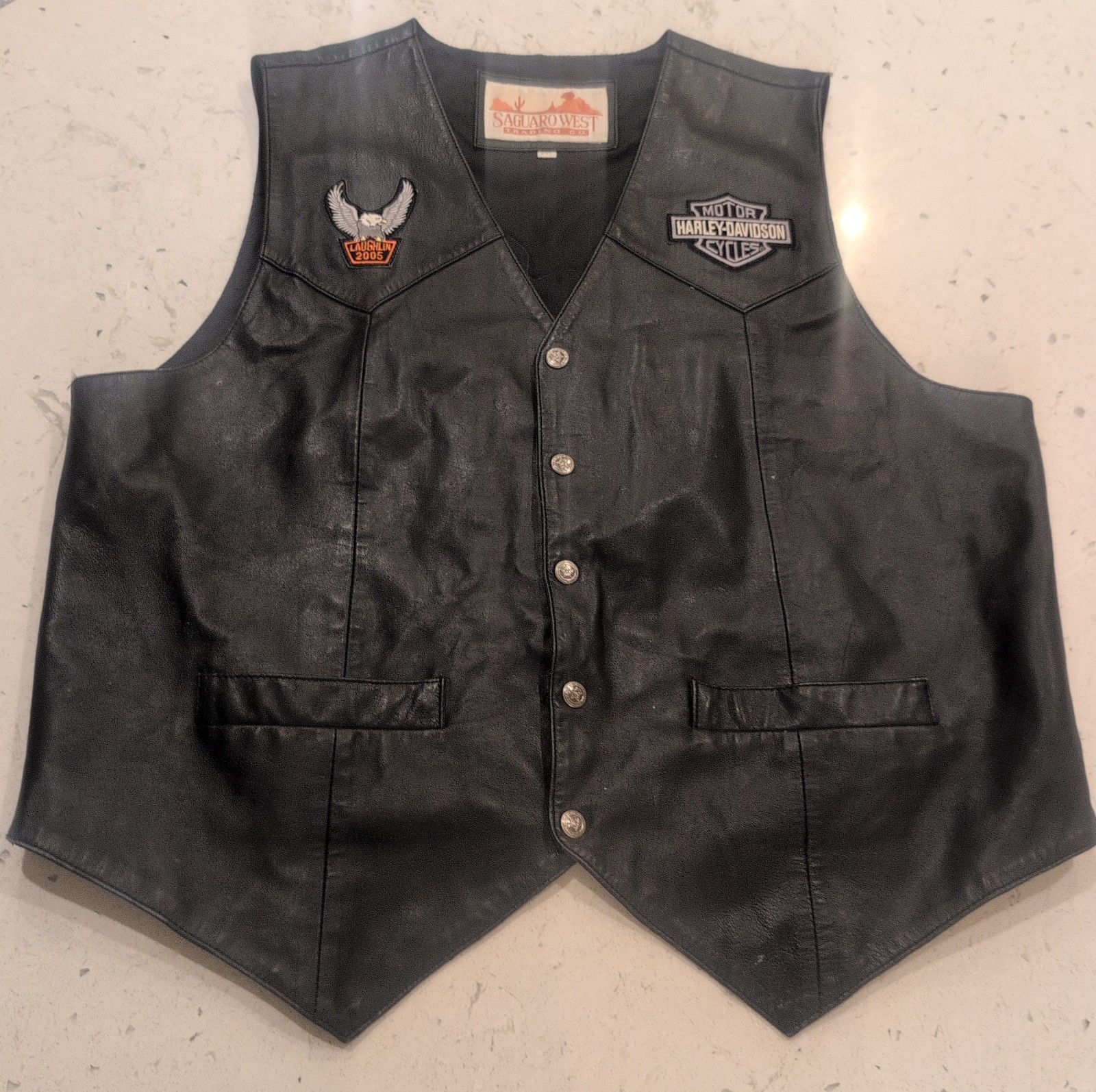 Vintage Harley-Davidson Patches Black Leather Saguaro West Trading Company Vest 