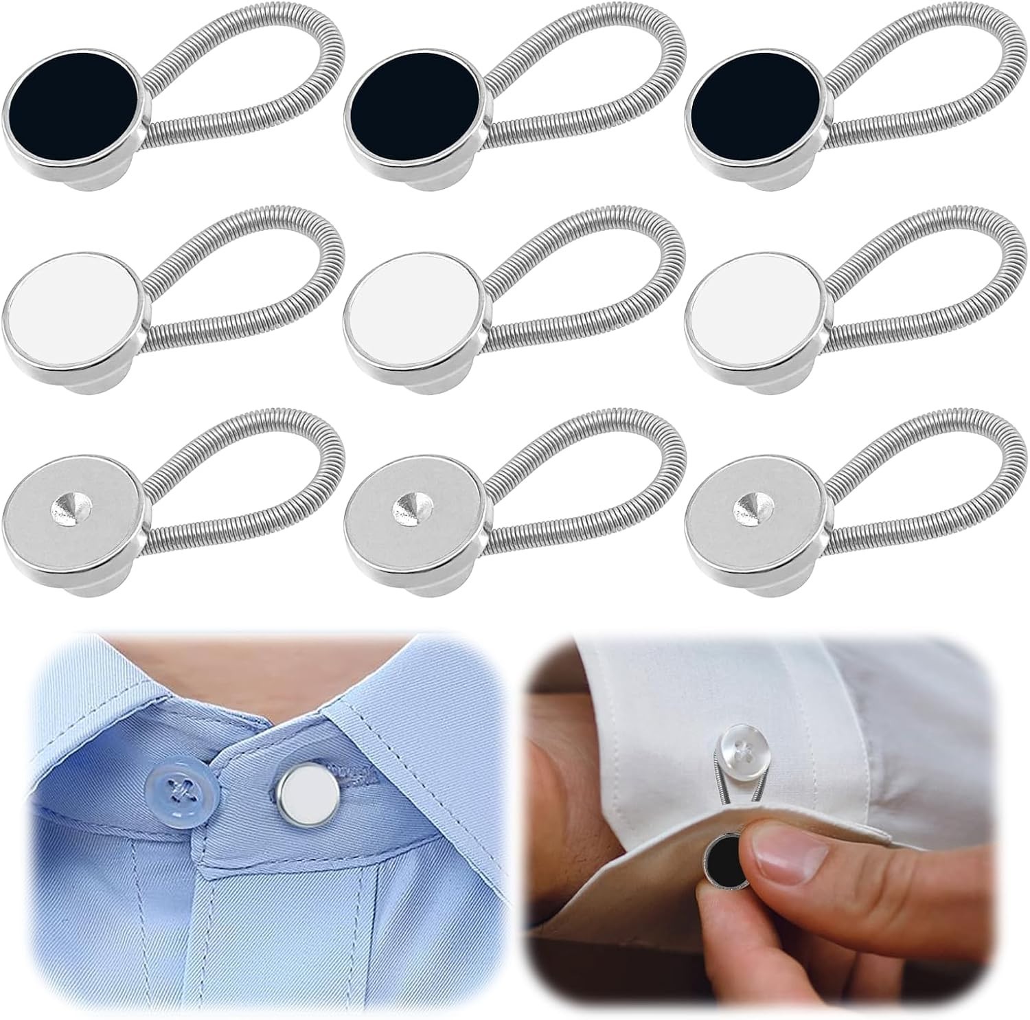 9Pcs Premium Collar Extenders for Men\'s Dress Standard, Black, White, Silver