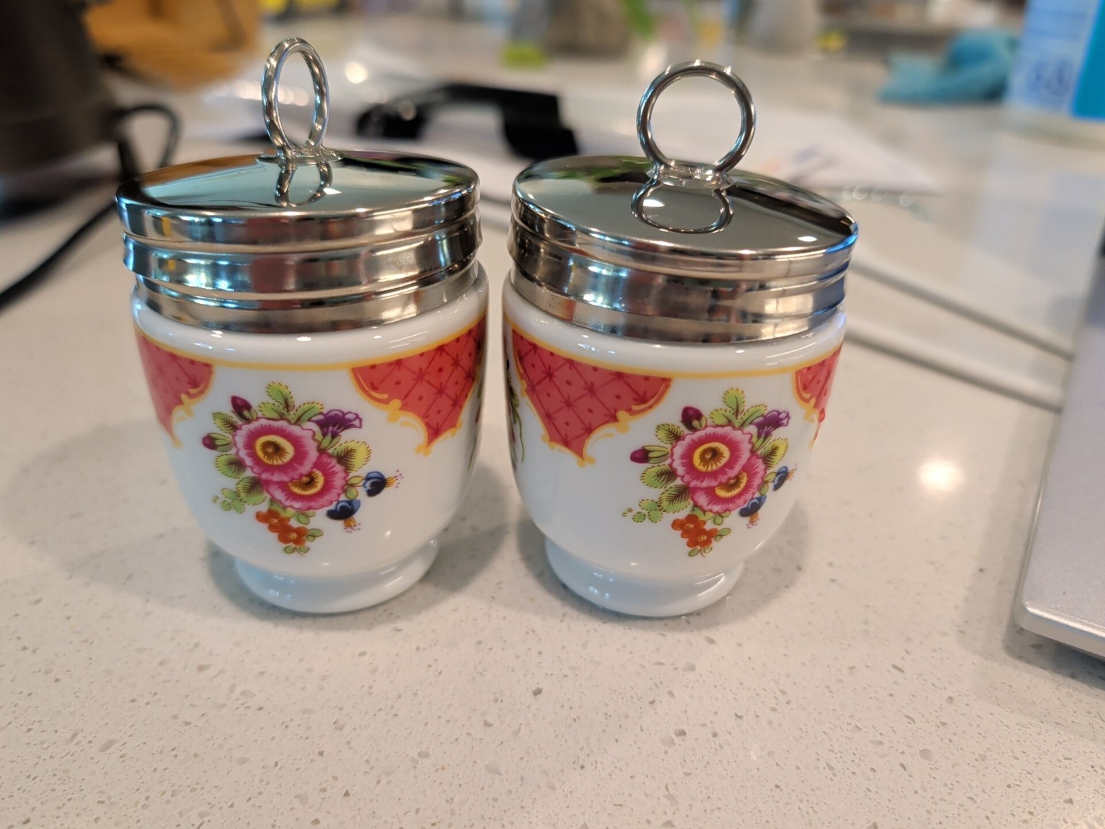lot Of 2 Royal Worcester Porcelain Egg Coddler Floral Pink Pattern w/ Metal Lid