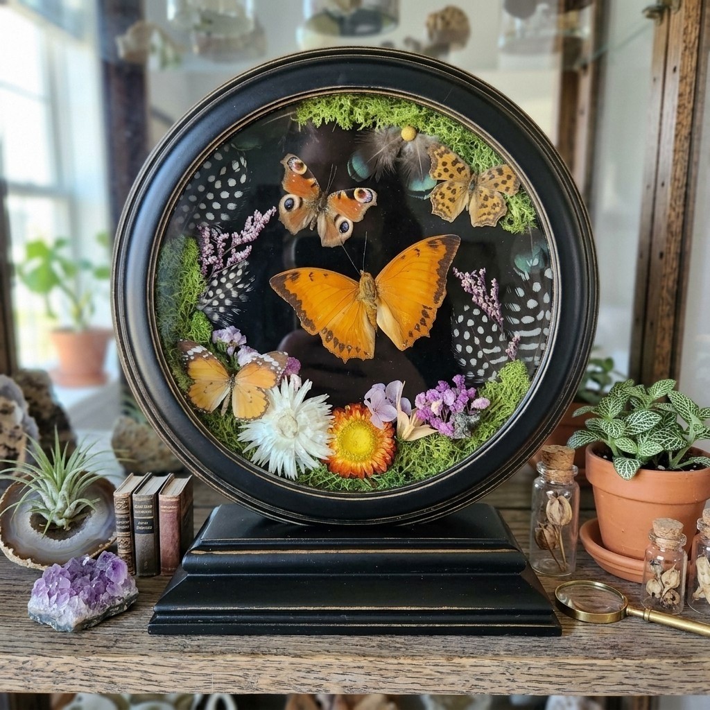 Handmade Real Butterfly Taxidermy Round Shadow Box OOAK Whimsical Cottagecore