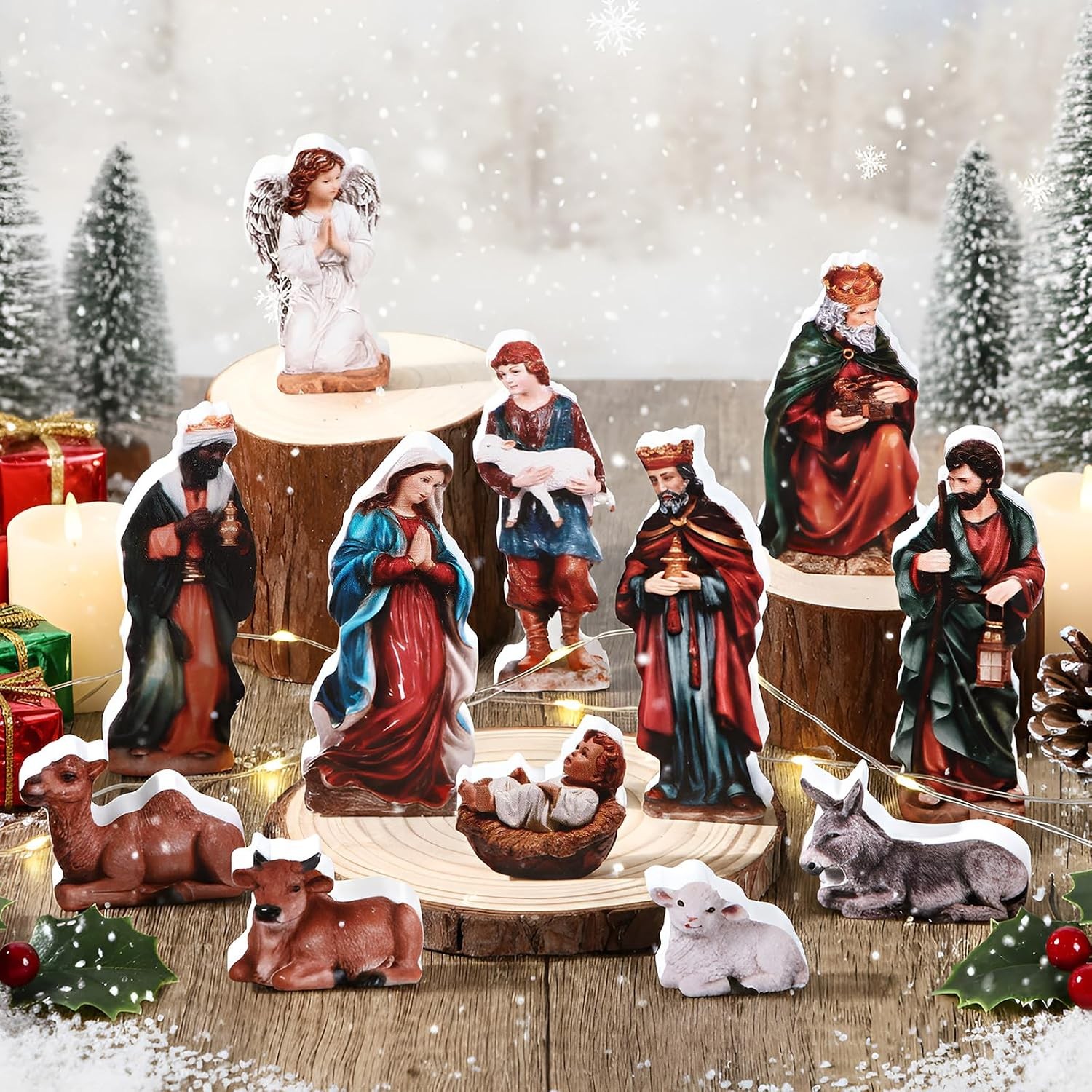 12 Pcs Mini Nativity Scene Set for Christmas Indoor Decor Wooden Little Nativity