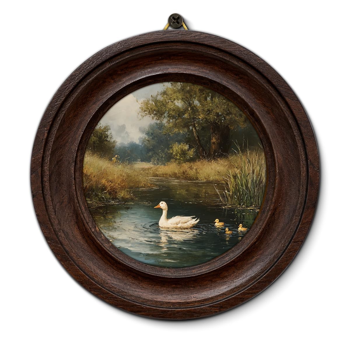 Framed Vintage Duck Pond Round Wall Art, Cottagecore Duck Wall Decor