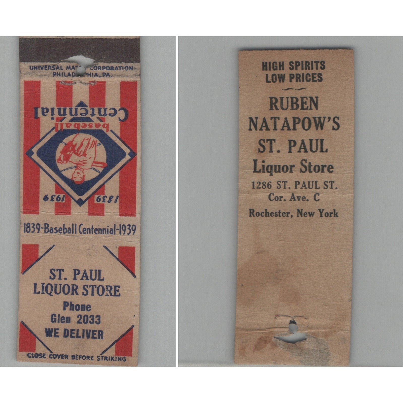 1930s Baseball Centennial 1839-1939 - St. Paul Liquor Store Matchbook Cover
